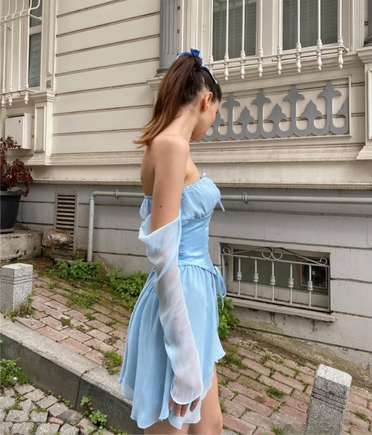 Blue Off Shoulder Corset Bustier Long Sleeve Dress