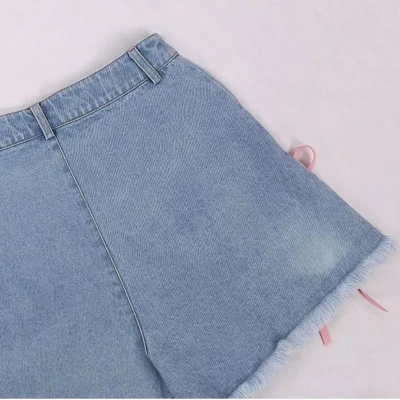 Cat Embroidery Pink Ribbon Denim Shorts