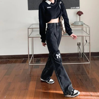 Black Denim Love Bow Embroidery High Waist Jeans