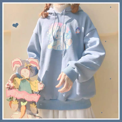 Cute Cream Bunny Rabbit Print Long Sleeve Hoodie Oversized Pullover Sweater Aesthetic Casual E-Girl Kawaii Korean Japanese Harajuku
