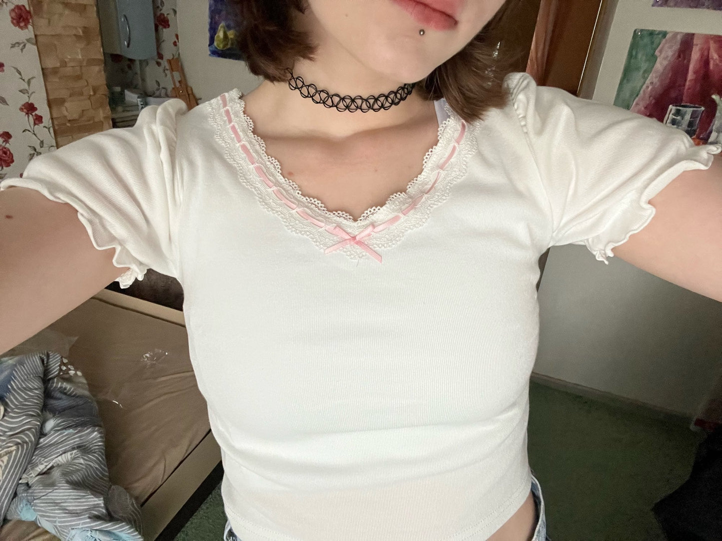 Lace Trim Bow V Neck Puff Short Sleeve Shirt