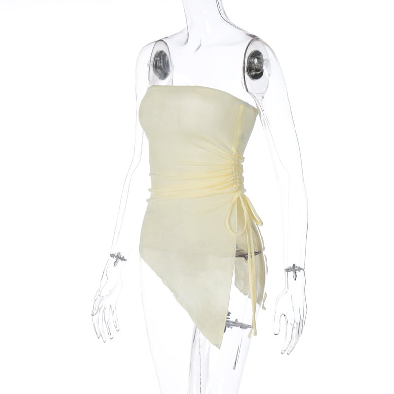 Beige Drawstring Strapless Tube Top