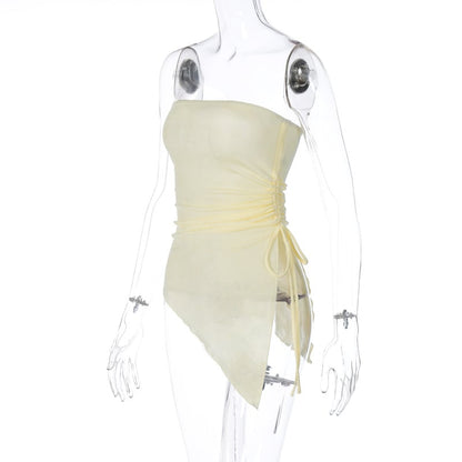 Beige Drawstring Strapless Tube Top