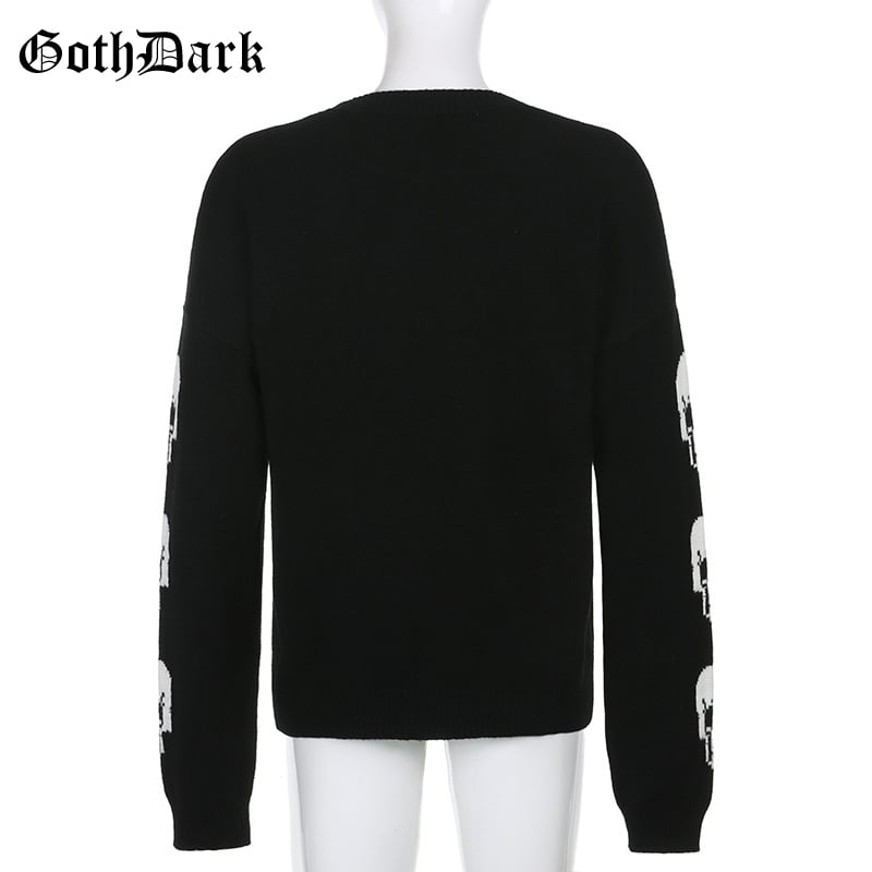 Black Skull Knit Sweater Sweatshirt Crewneck Long Sleeve Pullover Goth Punk Autumn Fall E-Girl Kawaii Korean Japanese Harajuku Streetwear
