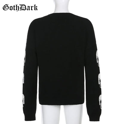 Black Skull Knit Sweater Sweatshirt Crewneck Long Sleeve Pullover Goth Punk Autumn Fall E-Girl Kawaii Korean Japanese Harajuku Streetwear