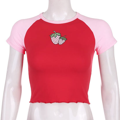 Cute Strawberry Embroidery Patchwork Short Sleeve Shirt Crop Top T-shirt Tee Casual Summer E-Girl Kawaii Korean Japanese Harajuku Streetwear