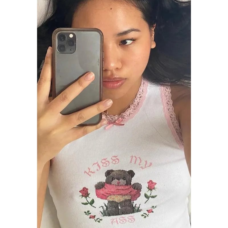Pink Lace Bear Print Tank Top