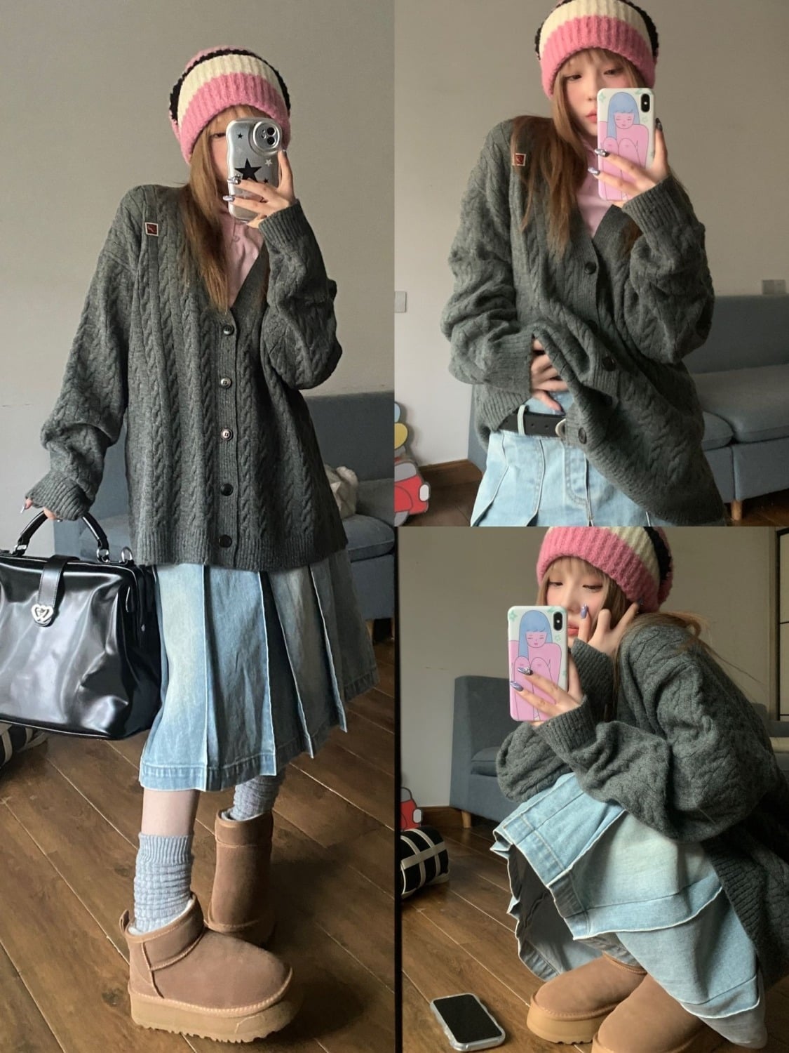 Denim Pleated High Waist Midi Skirt