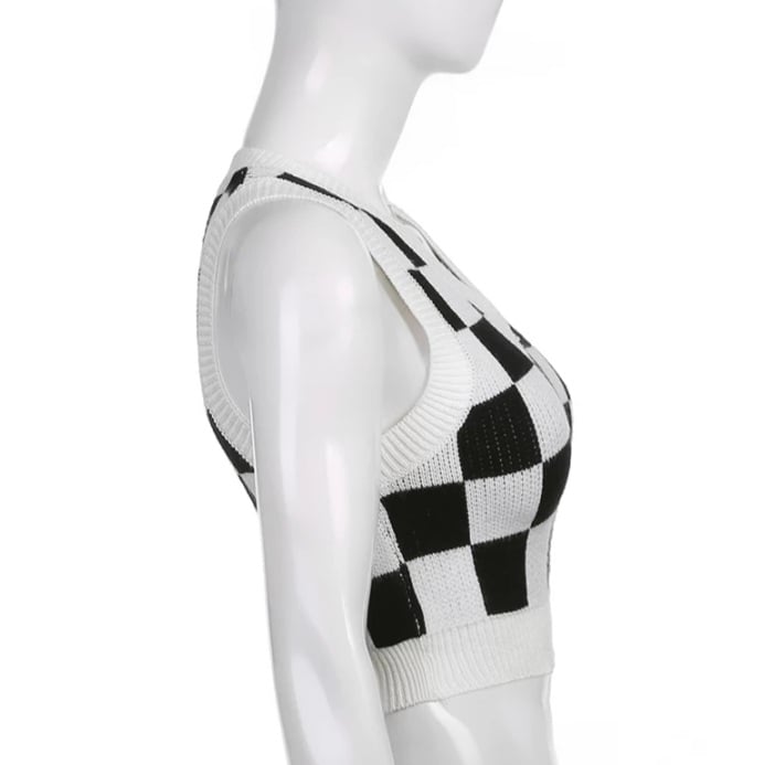 Cute Preppy Argyle Plaid Sweater Vest Sleeveless Knit Crop Top V Neck Shirt Aesthetic Casual Summer E-Girl Kawaii Korean Japanese Harajuku
