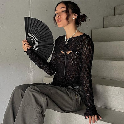 Black Mesh Lace Long Sleeve Shirt