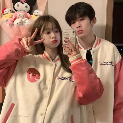 Pink Japanese Anime Cat Embroidery Patchwork Varsity Baseball Jacket