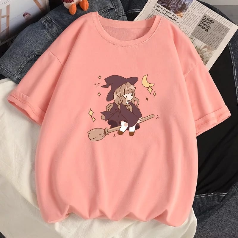 Cute Witch Anime Girl Cresent Moon Print Oversized Short Sleeve Shirt Summer Aesthetic Casual E-Girl Kawaii Korean Japanese Harajuku