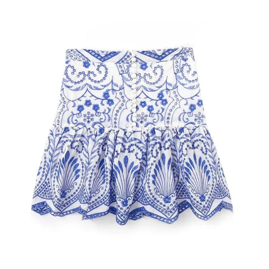 Blue Flower Embroidery Pleated Mini Skirt