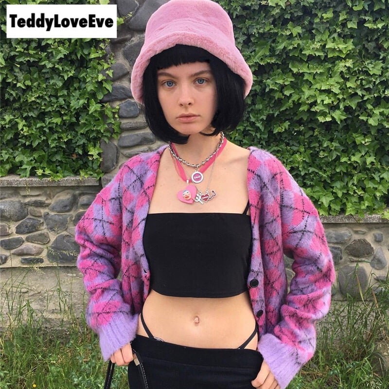Cute Argyle Print Pink Purple V Neck Sweater Button Sweatshirt Cardigan Pullover Goth Punk Casual E-Girl Kawaii Korean Japanese Harajuku Streetwear