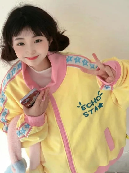 Yellow Y2K Star Embroidery Zip Up Jacket