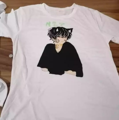 Cute Anime Boy Cat Ears Cartoon Graphic Print Oversize Short Sleeve Shirt Summer Aesthetic Casual E-Girl Kawaii Korean Japanese Harajuku