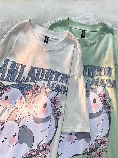 Rabbit Floral Print Short Sleeve T-shirt