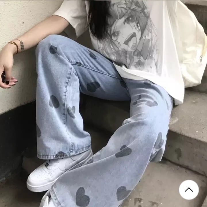 Cute Heart Denim Blue Loose High Waisted Straight Leg Flare Jeans Pants Aesthetic Casual Summer E-Girl Kawaii Korean Japanese Harajuku
