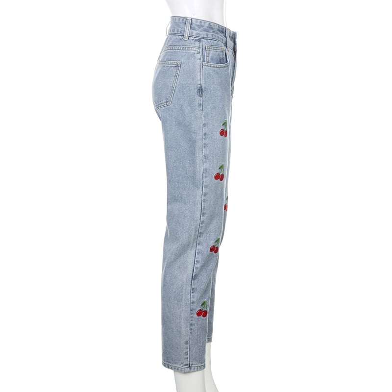 Cute Sweet Vintage Cherry Embroidery Light Washed Blue Denim Jeans High Waisted Cargo Slim Bottom E-Girl Kawaii Korean Japanese Harajuku Streetwear