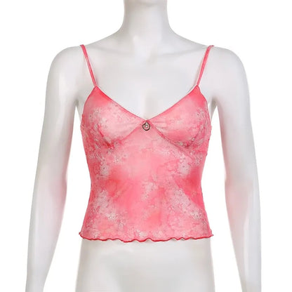 Pink Floral Mesh Sheer V-Neck Crop Top