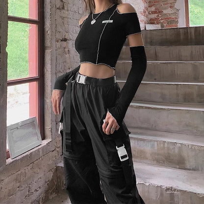 Cute Black Patchwork Cut Shoulder Crop Top Short Sleeve Shirt Punk Goth Summer Aesthetic Casual E-Girl Kawaii Korean Japanese Harajuku