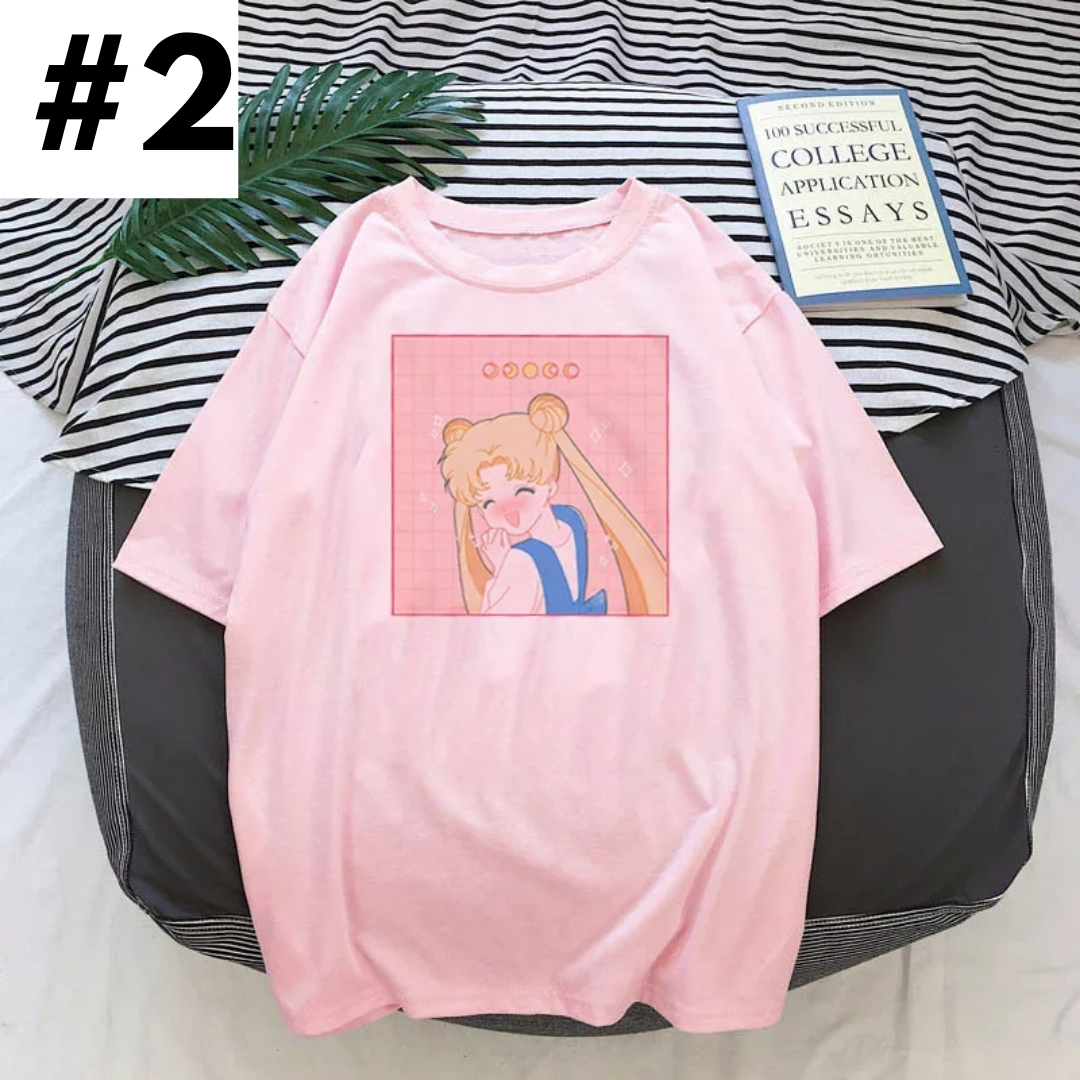 Pastel Pink Japanese Anime Girl Cartoon Print Oversized Short Sleeve Shirt
