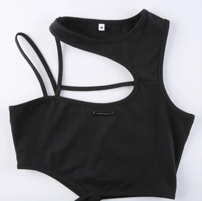 Cute Sexy Black Strappy Hollow Out Tank Crop Top Sleeveless Shirt Punk Goth Summer Aesthetic Casual E-Girl Kawaii Korean Japanese Harajuku