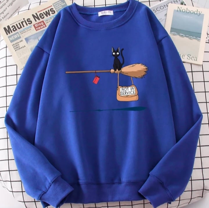 Cute Black Cat Japanese Anime Cartoon Print Oversized Fleece Crewneck
