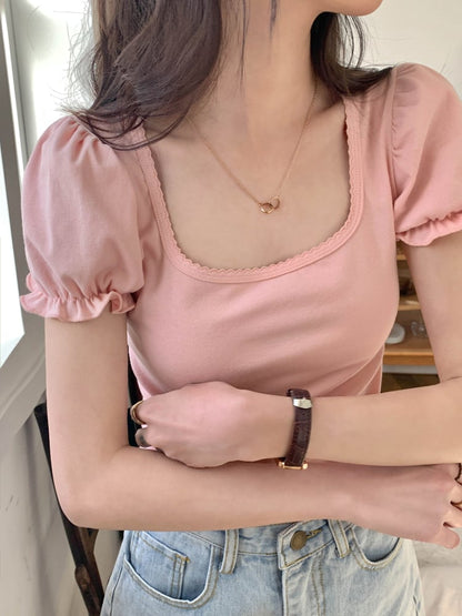 Pink Puff Sleeve Square Collar Top