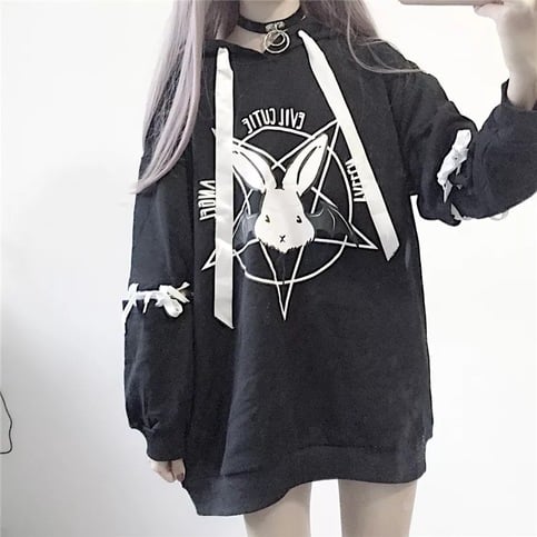 Cute Rabbit Evil Pentagon Lace Up Long Sleeve Hoodie Oversize Sweater Sweatshirt Pullover Jumper E-Girl Kawaii Korean Japanese Harajuku Streetwear