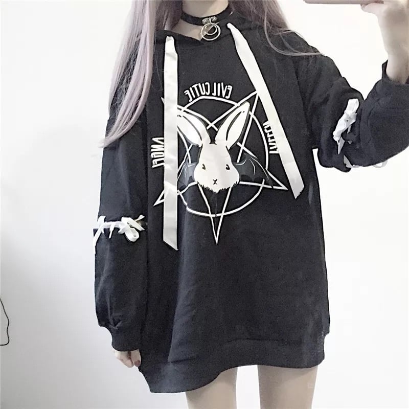 Cute Rabbit Evil Pentagon Lace Up Long Sleeve Hoodie Oversize Sweater Sweatshirt Pullover Jumper E-Girl Kawaii Korean Japanese Harajuku Streetwear