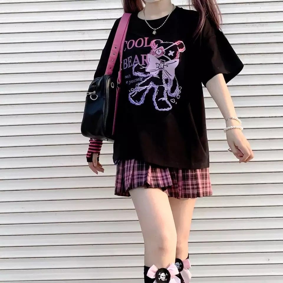 Black Bear Bow Cartoon Print Short Sleeve Tee Shirt T-shirt Top Goth Punk Causal Summer E-Girl Kawaii Korean Japanese Harajuku Streetwear