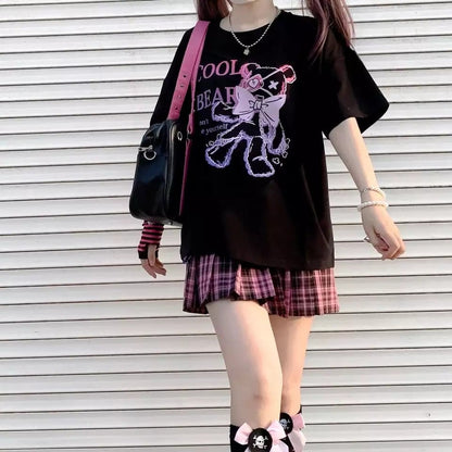 Black Bear Bow Cartoon Print Short Sleeve Tee Shirt T-shirt Top Goth Punk Causal Summer E-Girl Kawaii Korean Japanese Harajuku Streetwear