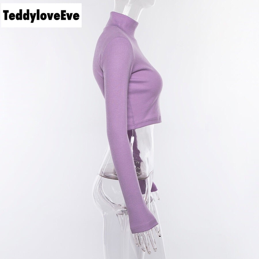 Cute Purple Knit Long Sleeve Shirt Turtleneck Sweatshirt T-shirt Top Autumn E-Girl Kawaii Korean Japanese Harajuku Streetwear