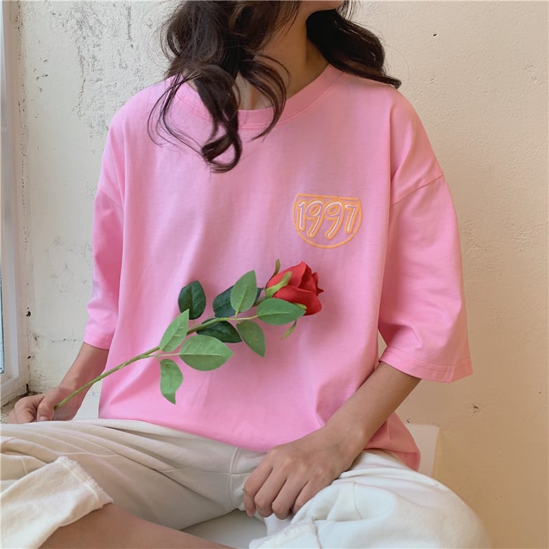 Pastel Retro 90s Vintage Cartoon Print Three Quarter Short Sleeve Tee Shirt T-shirt Top Causal E-Girl Kawaii Korean Japanese Harajuku Streetwear