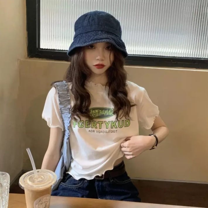 Cute Vintage Ruffle Off White Letter Print Short Sleeve Shirt Aesthetic Casual Summer E-Girl Kawaii Korean Japanese Harajuku