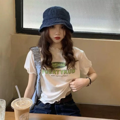 Cute Vintage Ruffle Off White Letter Print Short Sleeve Shirt Aesthetic Casual Summer E-Girl Kawaii Korean Japanese Harajuku