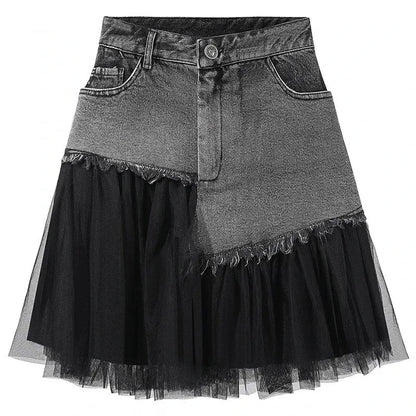 Black Tulle Patchwork Denim Skirt