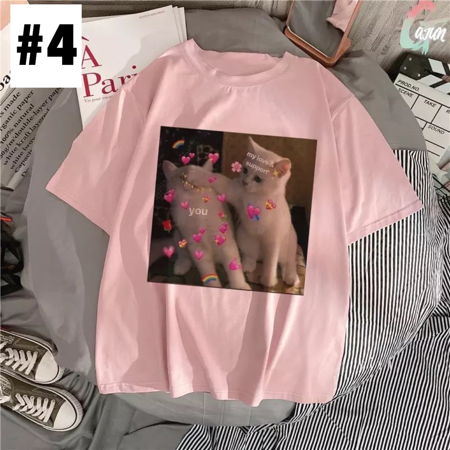 Cute Pink Funny Cat Kitten Meme Cartoon Print Loose Short Sleeve Short T-shirt Tee Top Summer Casual E-Girl Kawaii Korean Japanese Harajuku Streetwear
