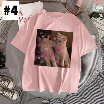 Cute Pink Funny Cat Kitten Meme Cartoon Print Loose Short Sleeve Short T-shirt Tee Top Summer Casual E-Girl Kawaii Korean Japanese Harajuku Streetwear