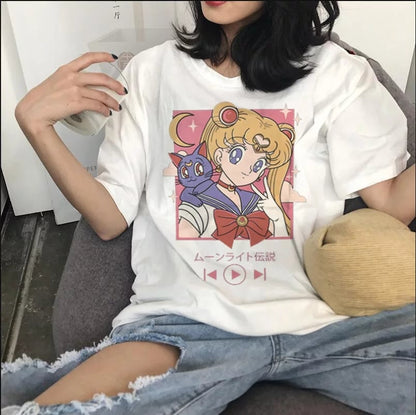 Cute Japanese Anime Girl Cartoon Print Loose Short Sleeve Shirt Aesthetic Casual E-Girl Kawaii Korean Japanese Harajuku