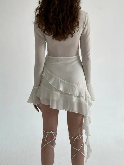 White Ruffle A-Line Chiffon Long Sleeve Flare Dress