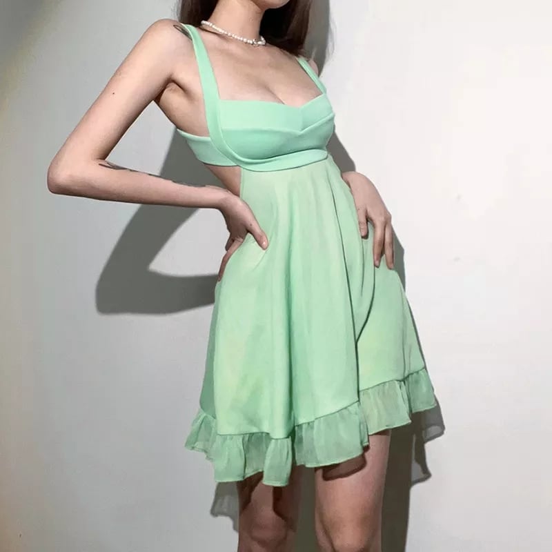 Green Backless Ruffle Dress Aesthetic Casual E-Girl Kawaii Korean Japanese Harajuku