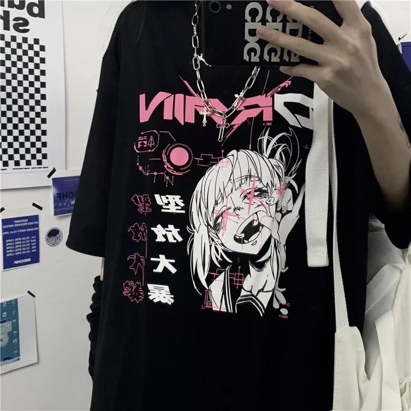 Cute Japanese Girl Punk Goth Print Graphic Casual Short Sleeve Shirt Tee T-shirt E-Girl Kawaii Korean Japanese Harajuku Retro Streetwear Aesthetic
