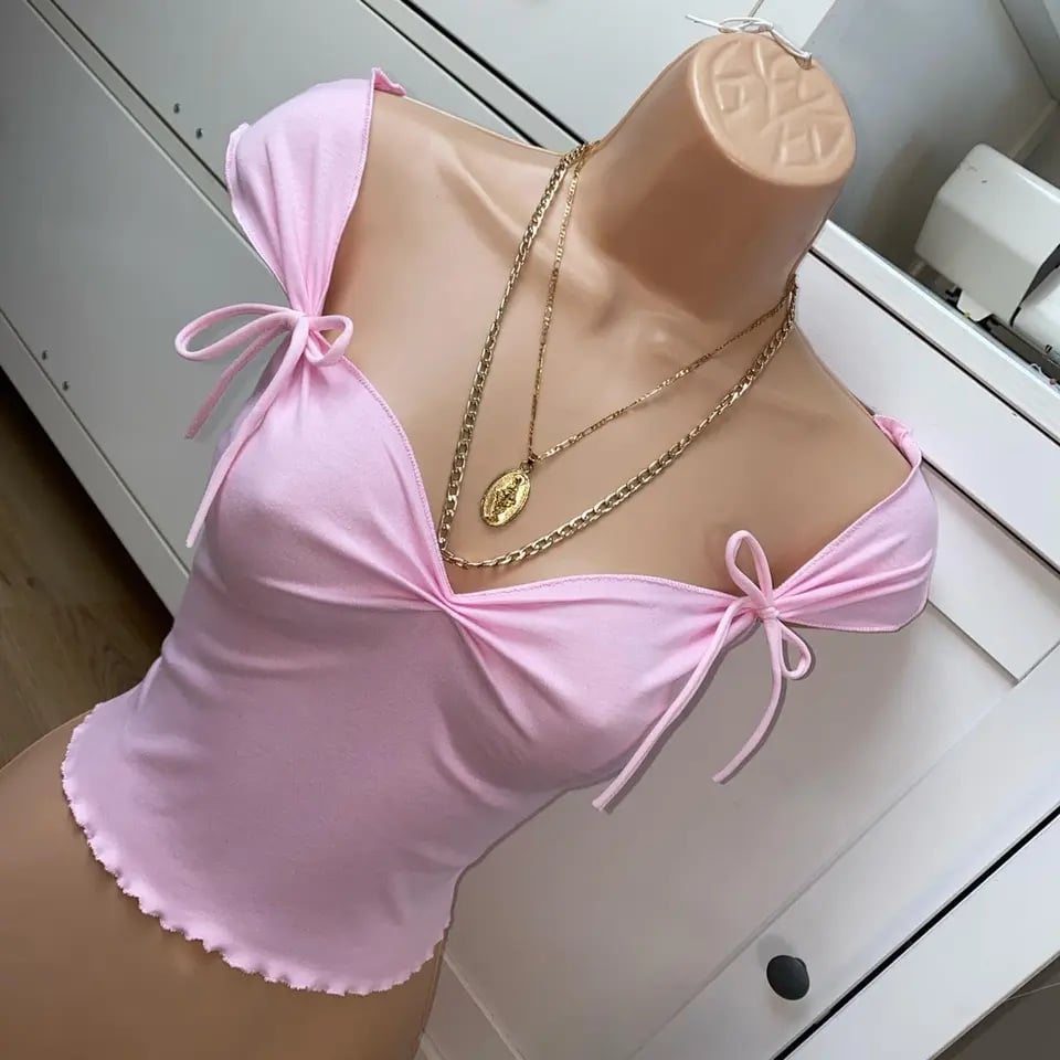 Pink Bow Square Neck Ruched Crop Top