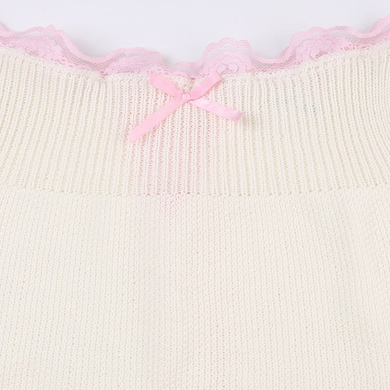 White Knit Bow Ribbed Trim Low Waist Mini Skirt