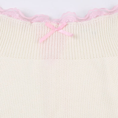 White Knit Bow Ribbed Trim Low Waist Mini Skirt