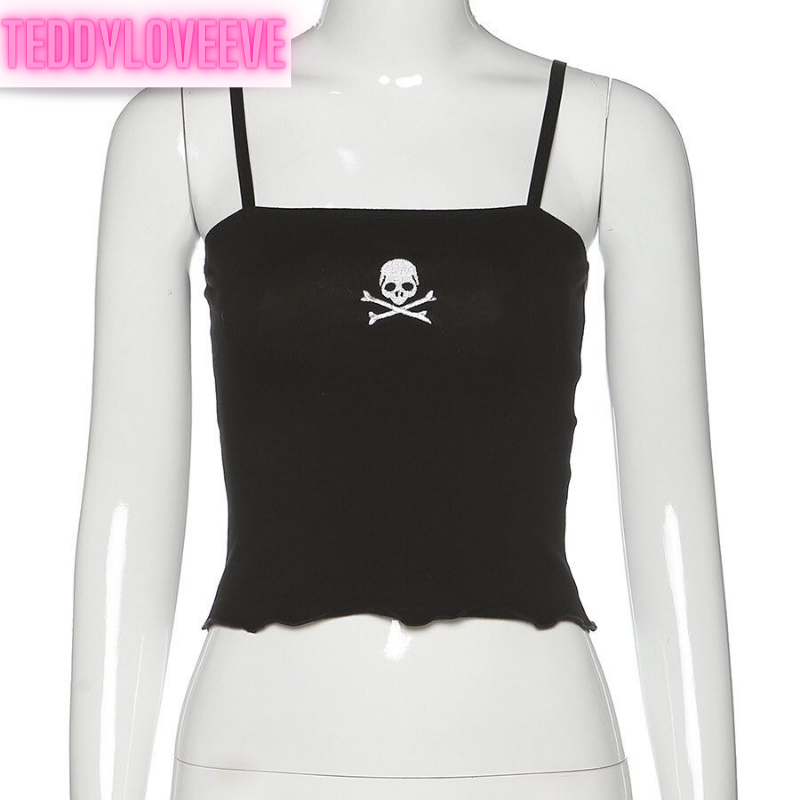 Cute Sexy Black Skull Embroidery Sleeveless Shirt Crop Top Tank Camisole Spaghetti Goth Punk Casual E-Girl Kawaii Korean Japanese Harajuku Streetwear