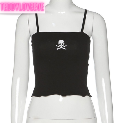 Cute Sexy Black Skull Embroidery Sleeveless Shirt Crop Top Tank Camisole Spaghetti Goth Punk Casual E-Girl Kawaii Korean Japanese Harajuku Streetwear