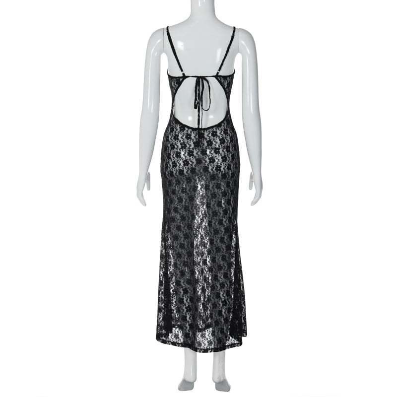 Black Floral Mesh Lace Backless Slip Dress